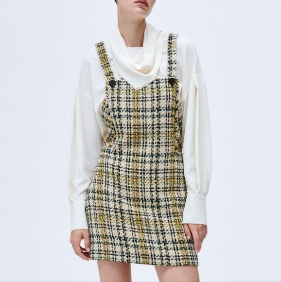 ZARA Size X-Small Tweed Black Yellow Plaid Textured Overall Mini Dress Preppy - Picture 16 of 16